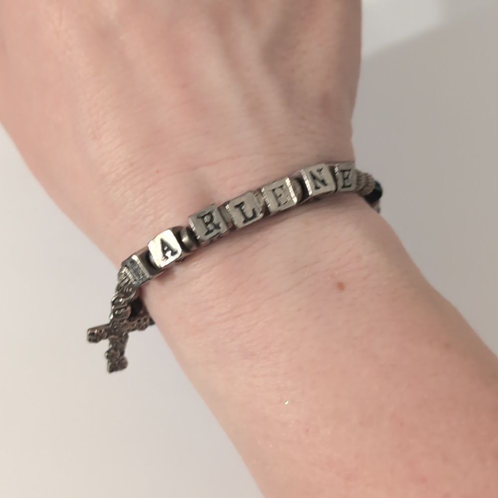 827 Vintage Silver and Black Beaded Marlene Cross Charm Tennis Bracelet